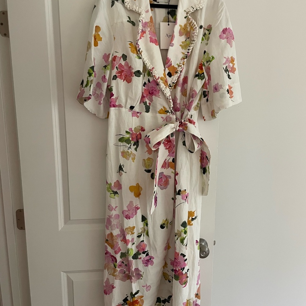 Aje White and Pink Floral Midi Dress